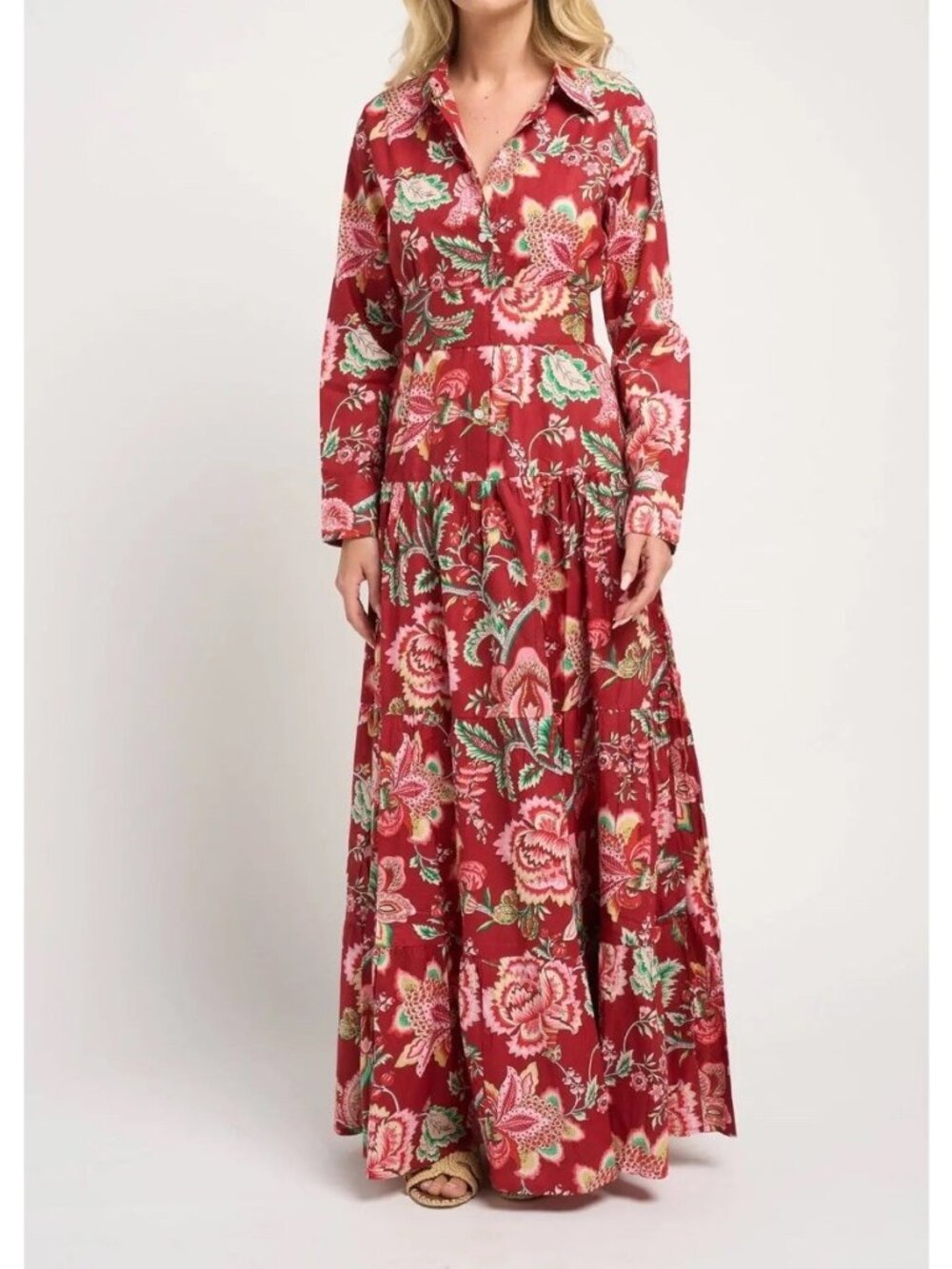 Guadalupe Meredith Peony red floral boho maxi long sleeve Small